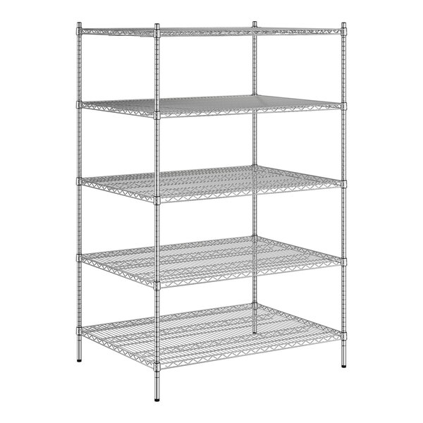 A wireframe of a Regency chrome stationary wire shelving unit with four shelves.