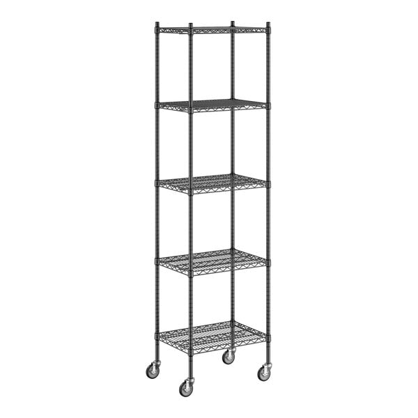 A Regency black wire shelving unit with wheels.