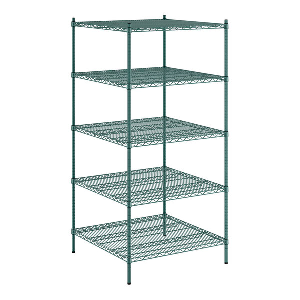 A green wire shelving unit with five shelves by Regency.
