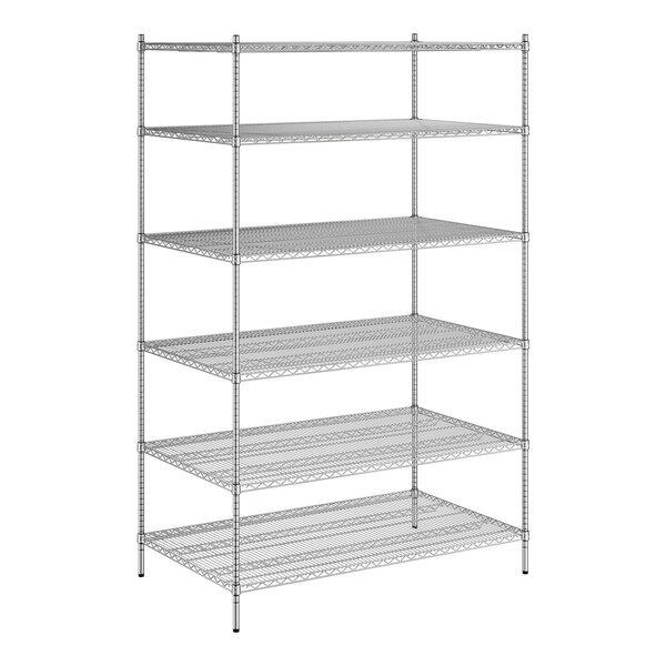 A wireframe of a Regency chrome stationary wire shelving unit with six shelves.