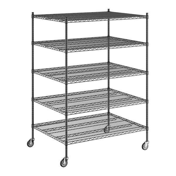 A Regency black wire shelving unit with wheels and four shelves.