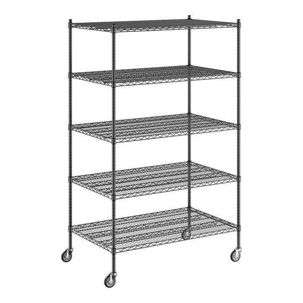 A Regency black wire shelving unit with five shelves and wheels.