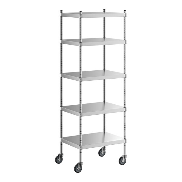 A Regency stainless steel shelving unit with wheels.
