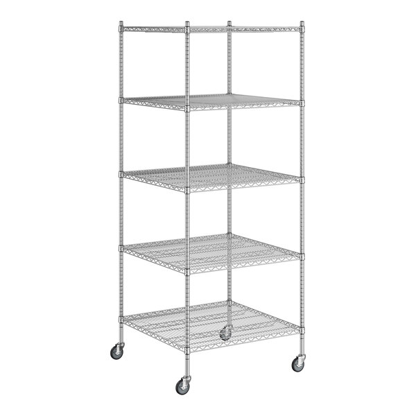 A white wireframe of a Regency chrome mobile wire shelving unit with five shelves.