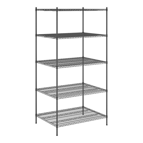 A black wire shelving unit with five shelves by Regency.