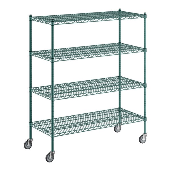 A Regency green metal wire shelving unit with four wheels.