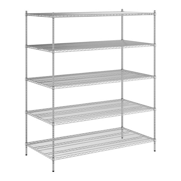 A wireframe of a Regency chrome stationary wire shelving unit with 5 shelves.