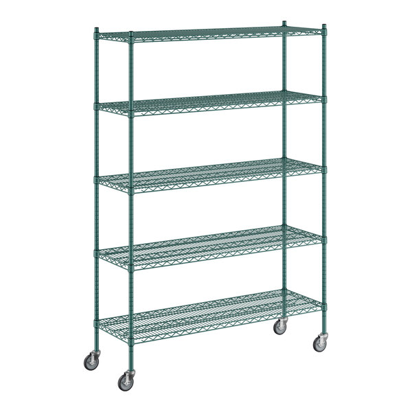 A green metal wire shelving unit with wheels.