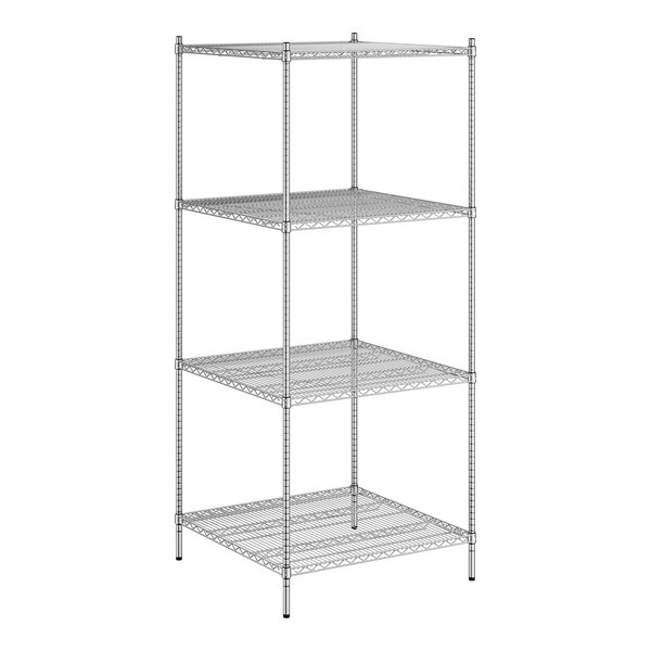 A white wireframe of a Regency chrome stationary wire shelving unit with four shelves.