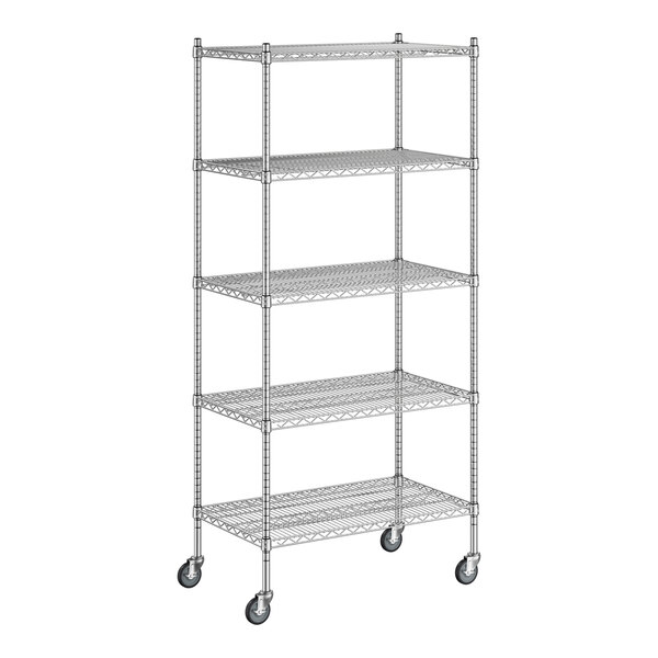 A white wireframe of a Regency chrome wire shelving unit with four shelves.