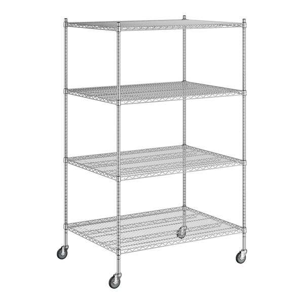 A wireframe of a Regency chrome mobile wire shelving unit with four shelves.