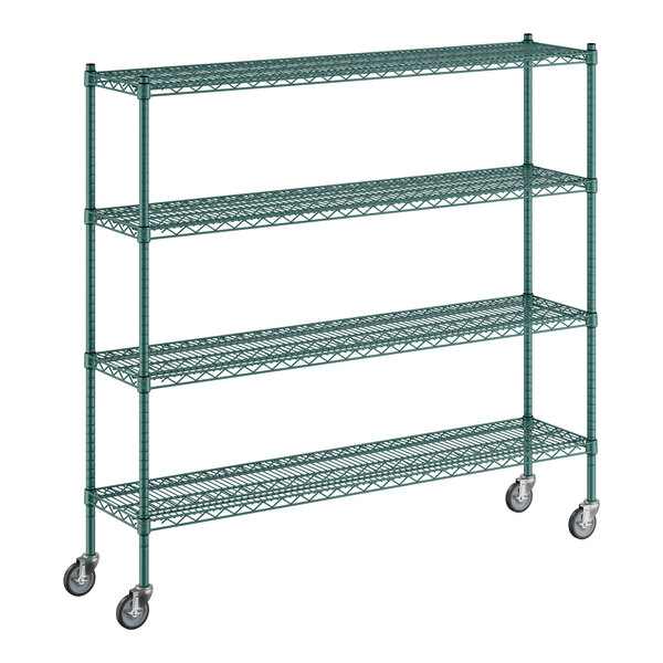 A green metal Regency wire shelving unit with four wheels.