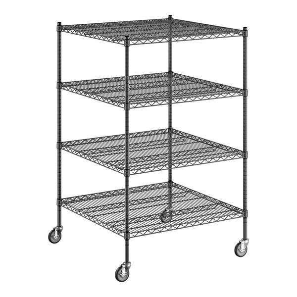 A Regency black wire shelving starter kit with wheels and 4 shelves.