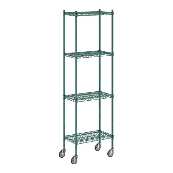 A Regency green metal wire shelving unit with wheels and four shelves.