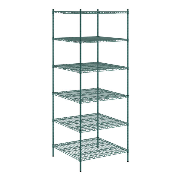A Regency green wire shelving unit with six shelves.