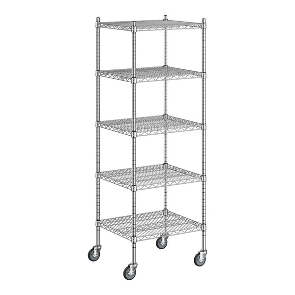 A white wireframe of a Regency chrome mobile shelving unit with five shelves.