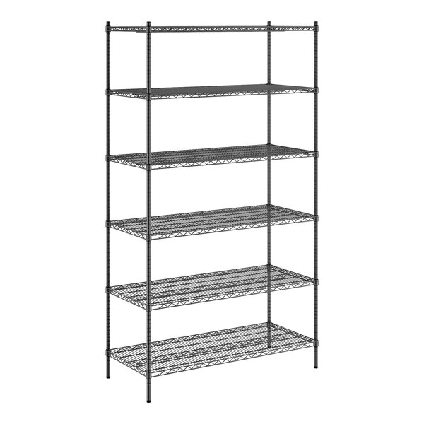 A black metal Regency stationary wire shelving unit with six shelves.