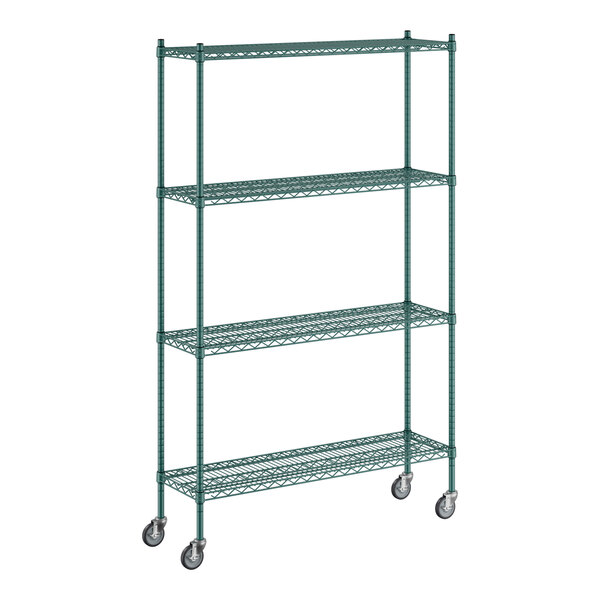 A green metal wire shelving unit with wheels.
