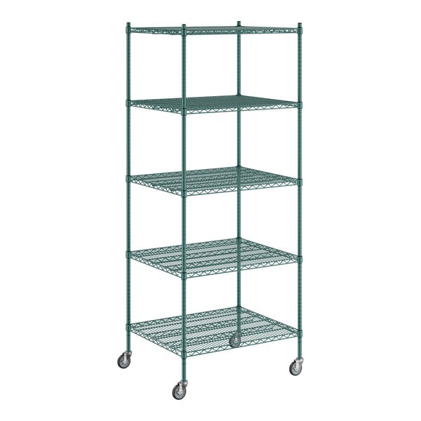 A Regency green wire shelving unit on wheels with 5 shelves.
