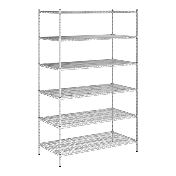 A white wireframe of a Regency metal shelving unit with six shelves.