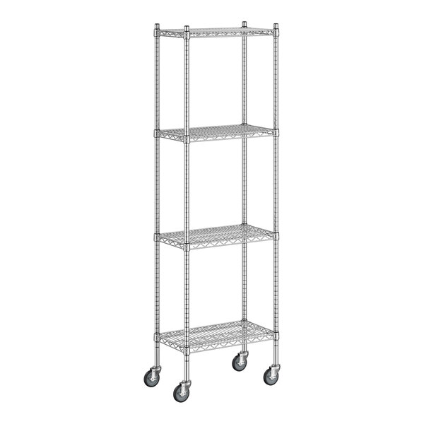A Regency stainless steel wire shelving unit with wheels.