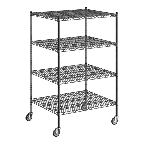 A Regency black wire shelving starter kit with wheels and 4 shelves.