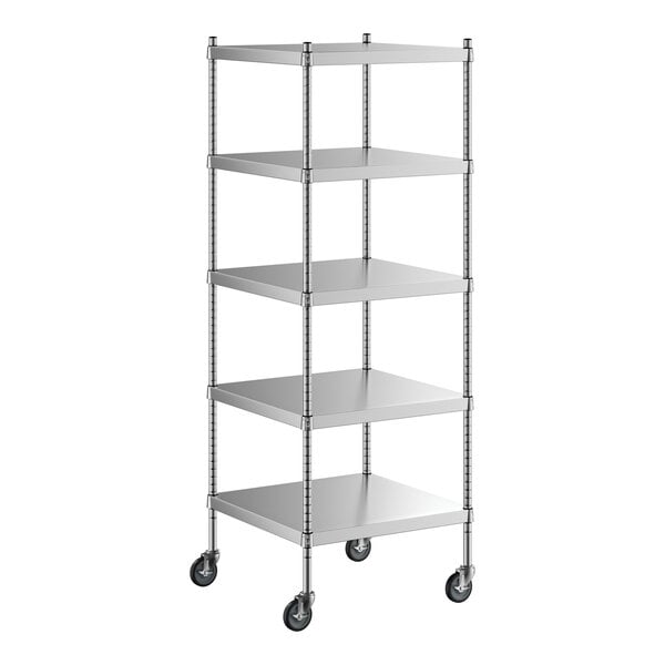 A Regency stainless steel mobile shelving unit with 5 shelves and wheels.