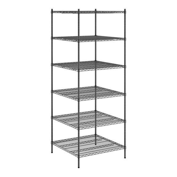 A black metal wire shelving unit with six shelves.