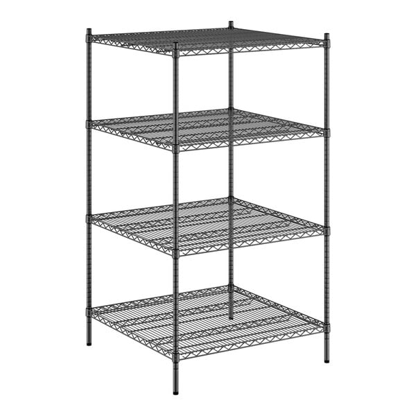 A Regency black wire shelving unit with four shelves.