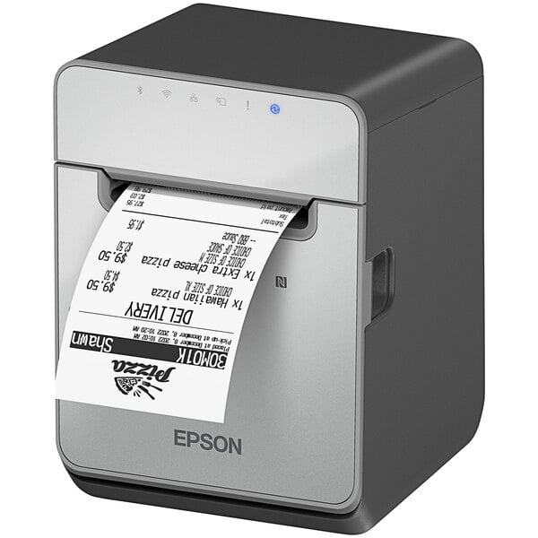 An Epson black thermal label printer with USB and Ethernet connectivity printing a label.