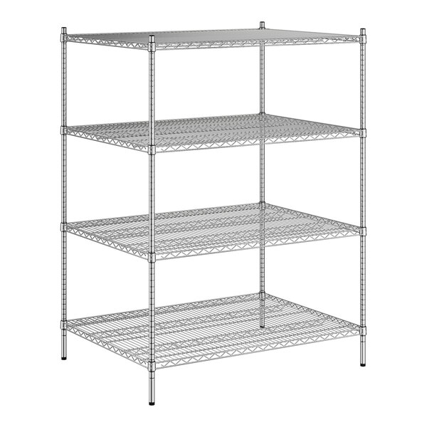 A wireframe of a Regency chrome stationary wire shelving unit with three shelves.