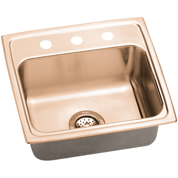 An Elkay copper drop-in sink with one faucet hole.