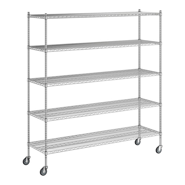 A Regency chrome wire shelving starter kit with wheels and five shelves.