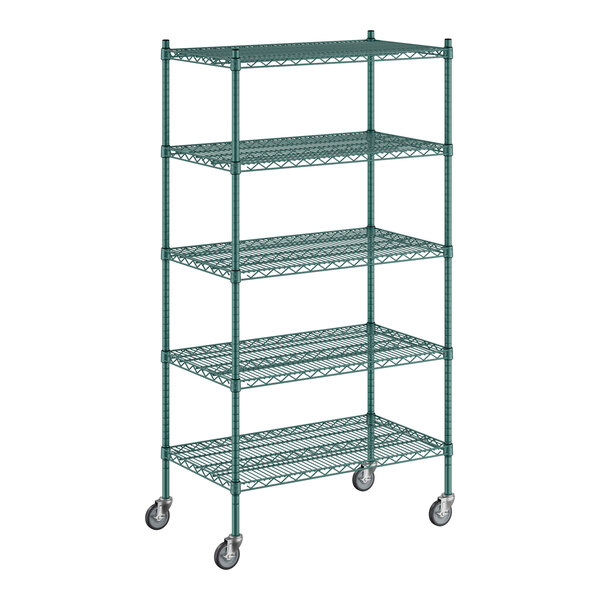 A green Regency wire shelving unit on wheels with 5 shelves.