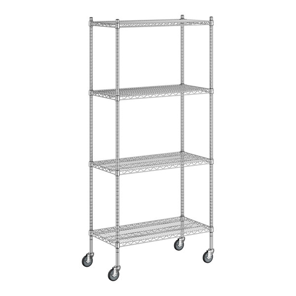 A Regency chrome wire shelving unit on wheels with 4 shelves.