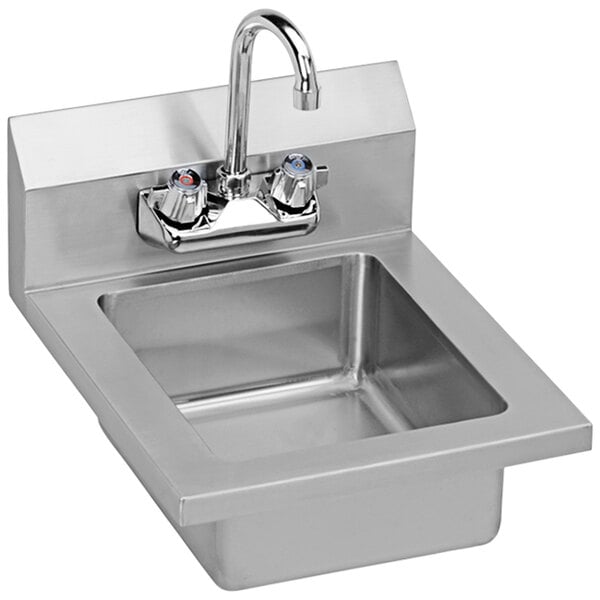 A stainless steel Elkay wall mount hand sink with a gooseneck faucet.