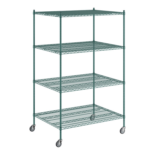 A green wire shelving unit with wheels.