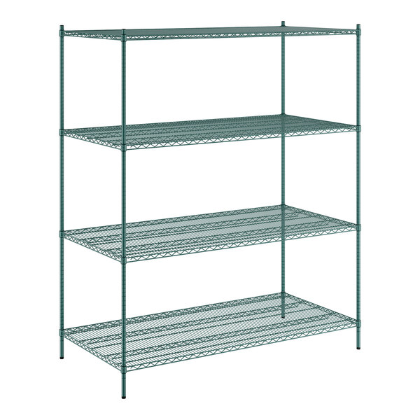 A green metal Regency wire shelving unit with four shelves.