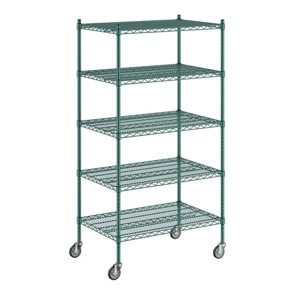 A green Regency wire shelving unit with 5 shelves.