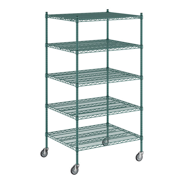 A Regency green wire shelving unit with five shelves.