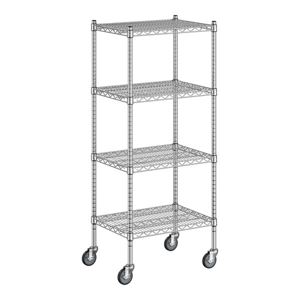 A Regency chrome mobile wire shelving unit with 4 shelves and wheels.