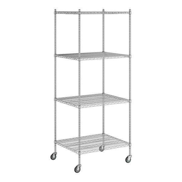 A Regency chrome wire shelving unit with wheels.