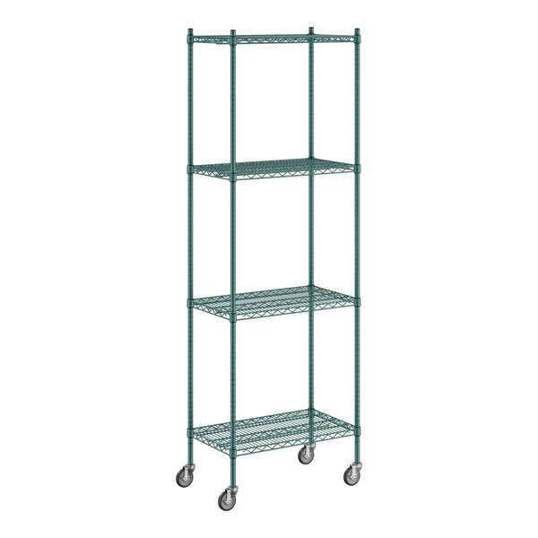 A Regency green wire shelving unit on wheels with shelves.