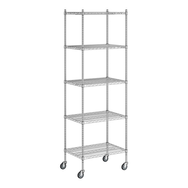 A Regency chrome mobile wire shelving unit with 5 shelves and wheels.