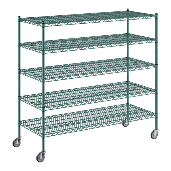 A Regency green epoxy wire shelving unit with five shelves.