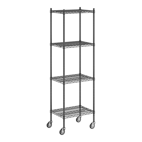 A Regency black wire shelving unit with wheels.