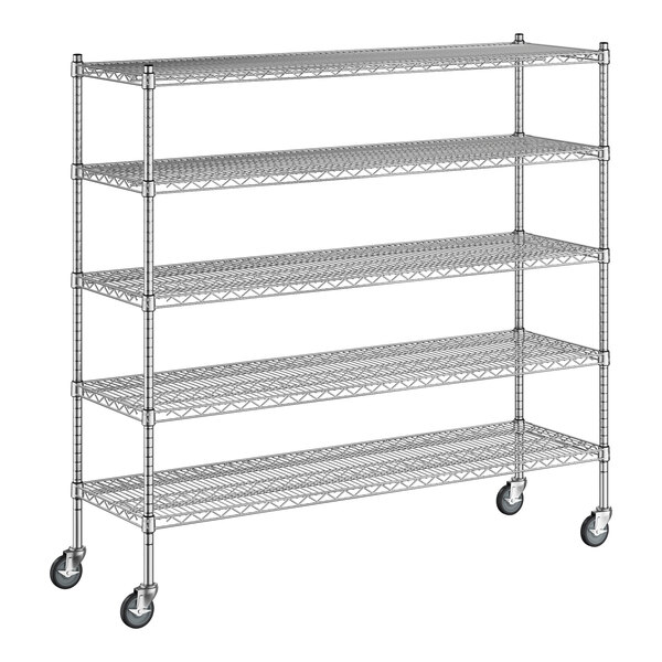 A Regency chrome wire shelving unit with five shelves and wheels.