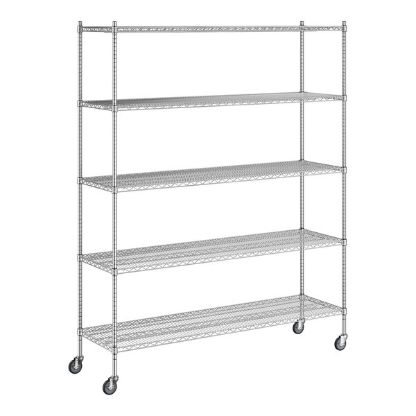 A Regency chrome wire shelving unit with wheels.