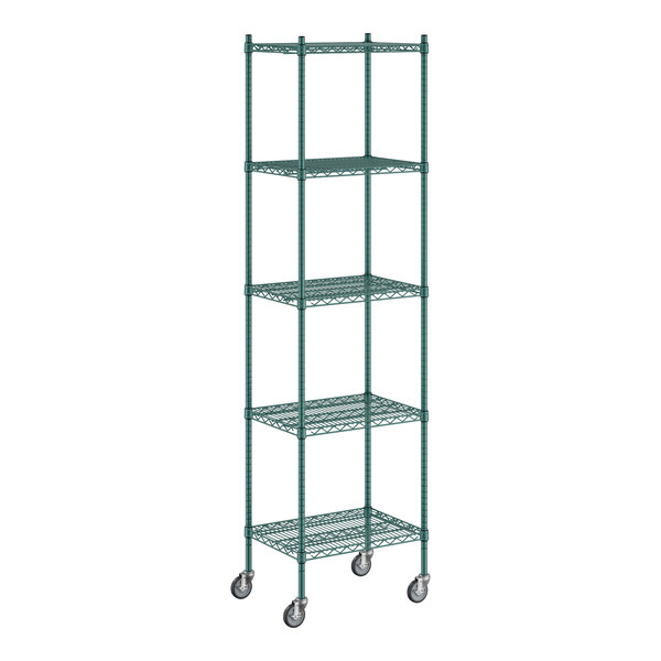A green Regency wire shelving unit with wheels.