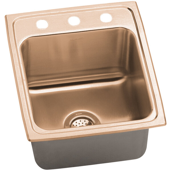 A CuVerro antimicrobial copper Elkay drop-in sink with three faucet holes.